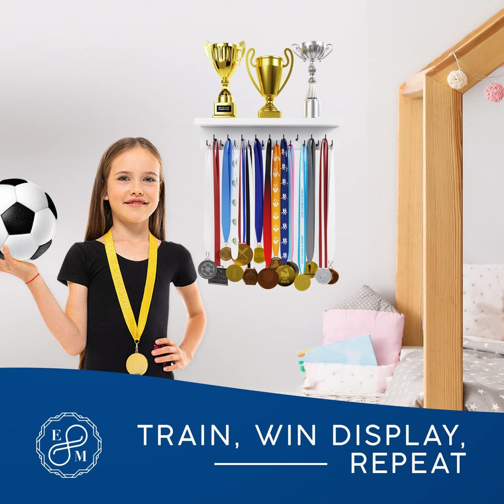 Medal Hanger Display and Trophy Shelf with Hooks - Wooden Medal Holder for Wall Mount Ribbon Display, Trophy Display