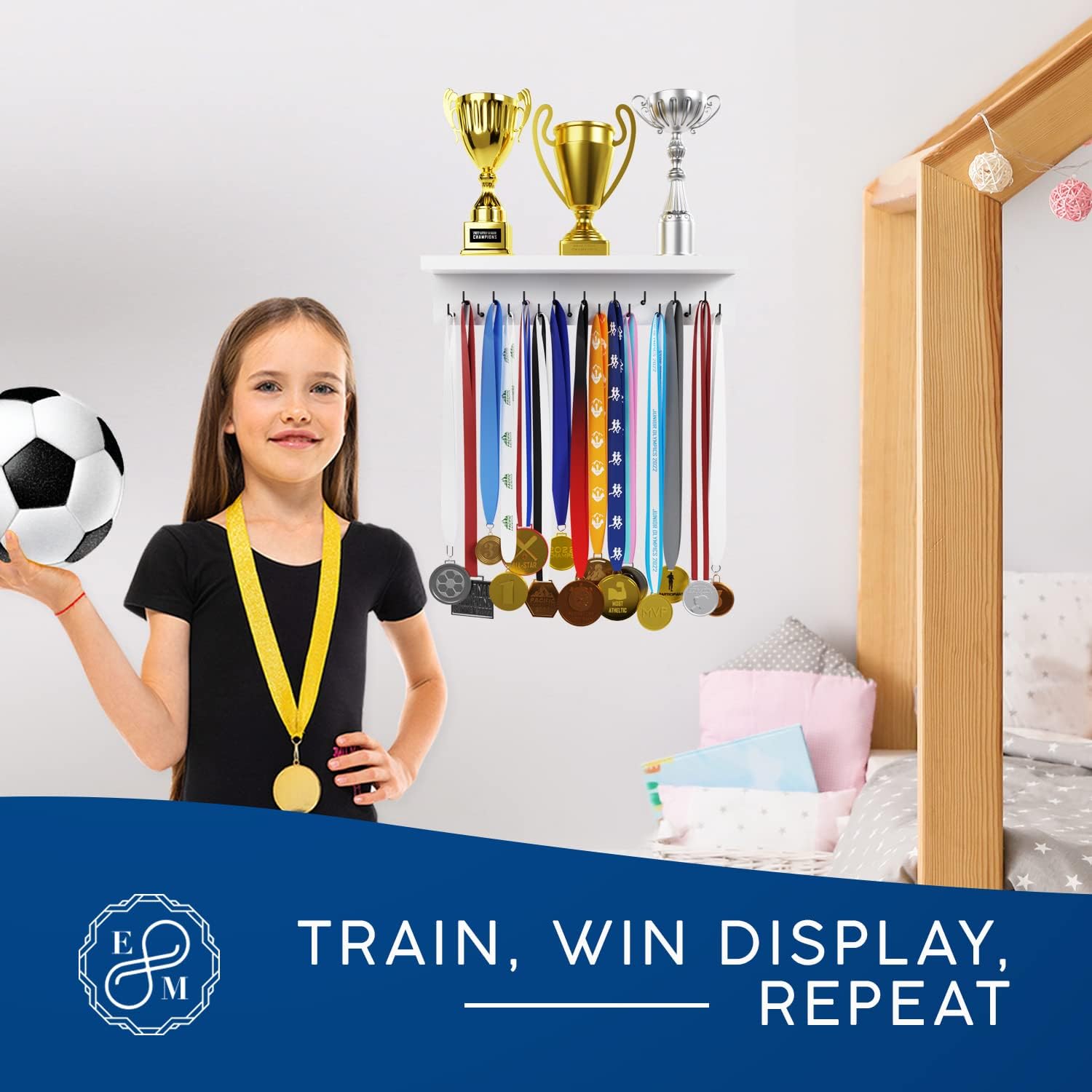 Medal Hanger Display and Trophy Shelf with Hooks - Wooden Medal Holder for Wall Mount Ribbon Display, Trophy Display