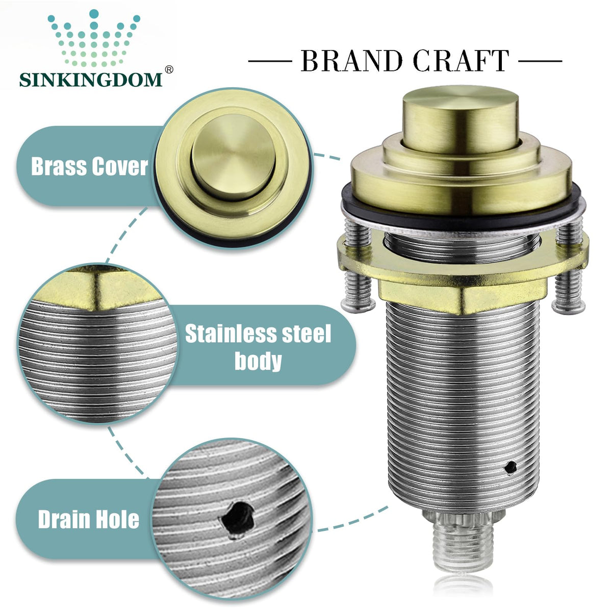SINKINGDOM SinkTop Air Switch Kit with Brass Gold Long Button (Full Brass) for Garbage Disposal,without cabel