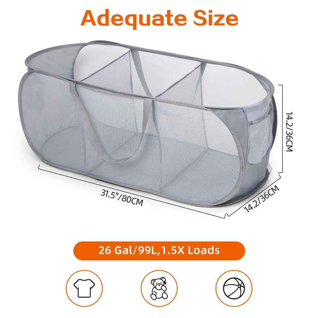 Durable Collapsible Foldable Pop Up Laundry Hamper, Sturdy 3 Compartments, Handy Pocket & Easy to Sort Clothes