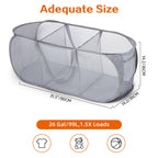 Durable Collapsible Foldable Pop Up Laundry Hamper, Sturdy 3 Compartments, Handy Pocket & Easy to Sort Clothes