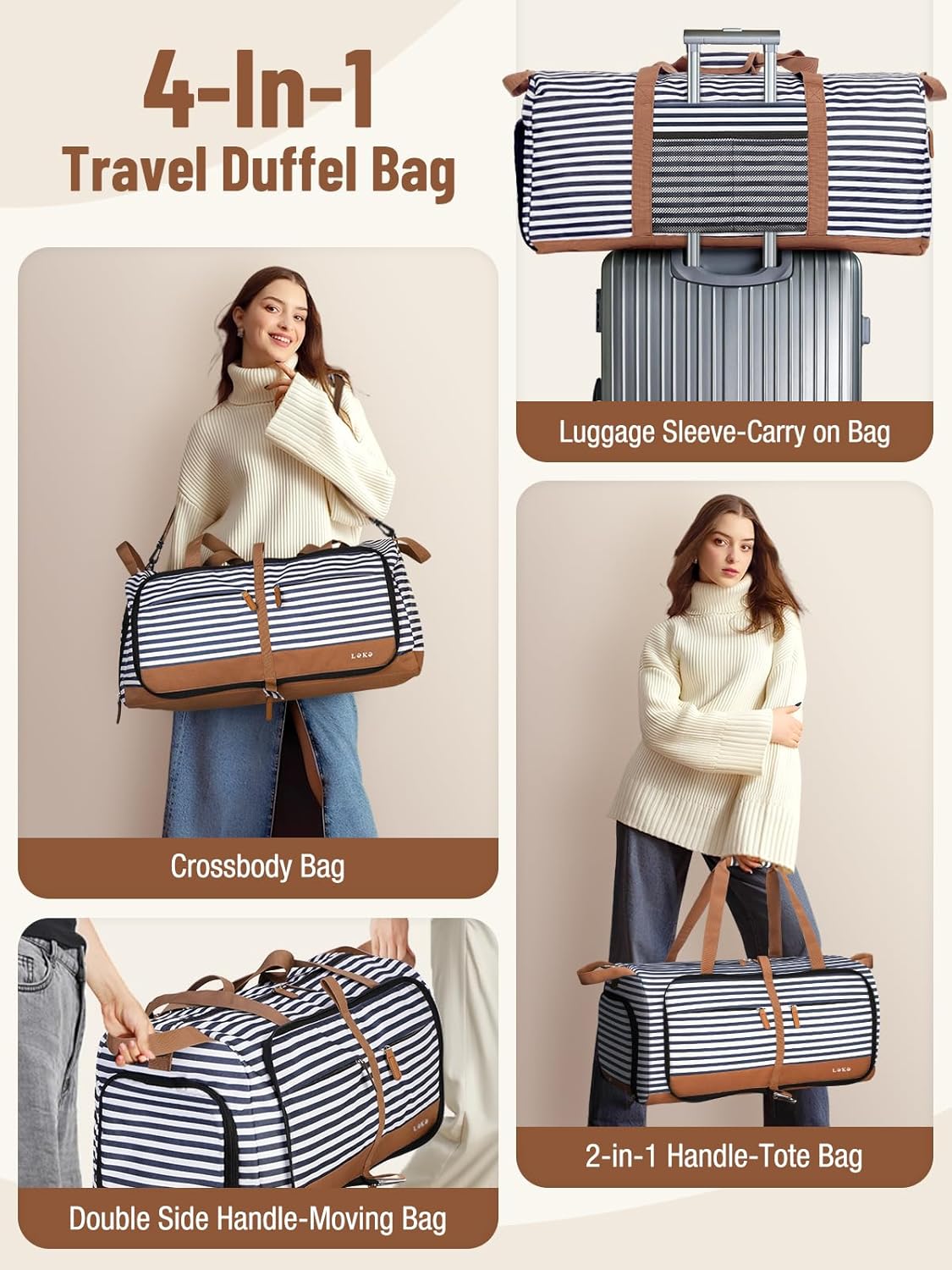 Foldable Travel Duffle Bag for Women, 80L Large Duffel Bag with Separate Shoes Compartments & Straps, Carry On