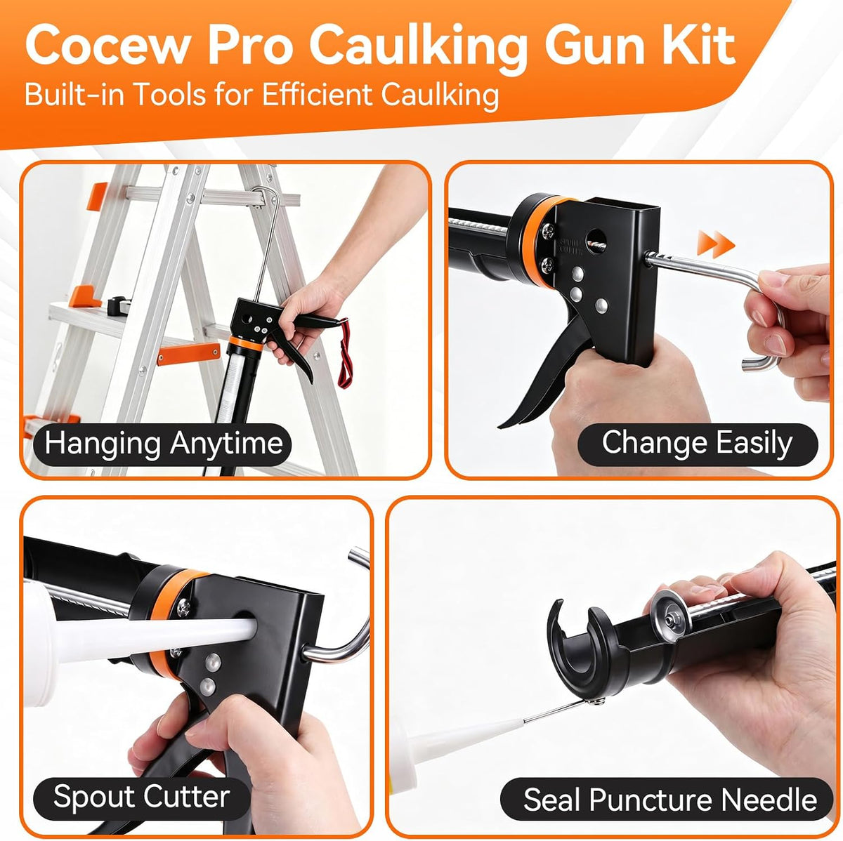 Caulk Gun Kit, Smooth Silicone Caulking Gun and Caulk Remover Tool, Sealant Finishing Tool Grout Scraper for Kitchen