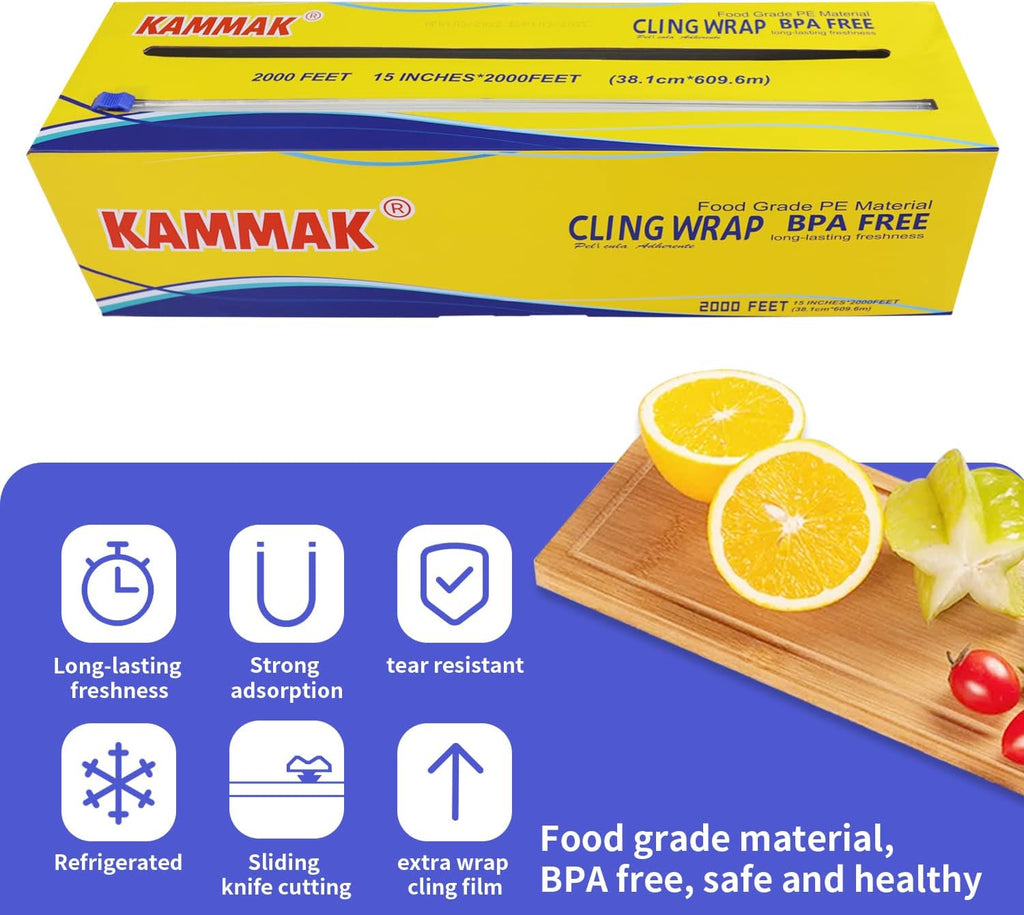 Plastic Wrap Food Cling Wrap with Slide Cutter 15 inch Restaurant Cling Film 2000 Ft Bulk Roll Refillable Food