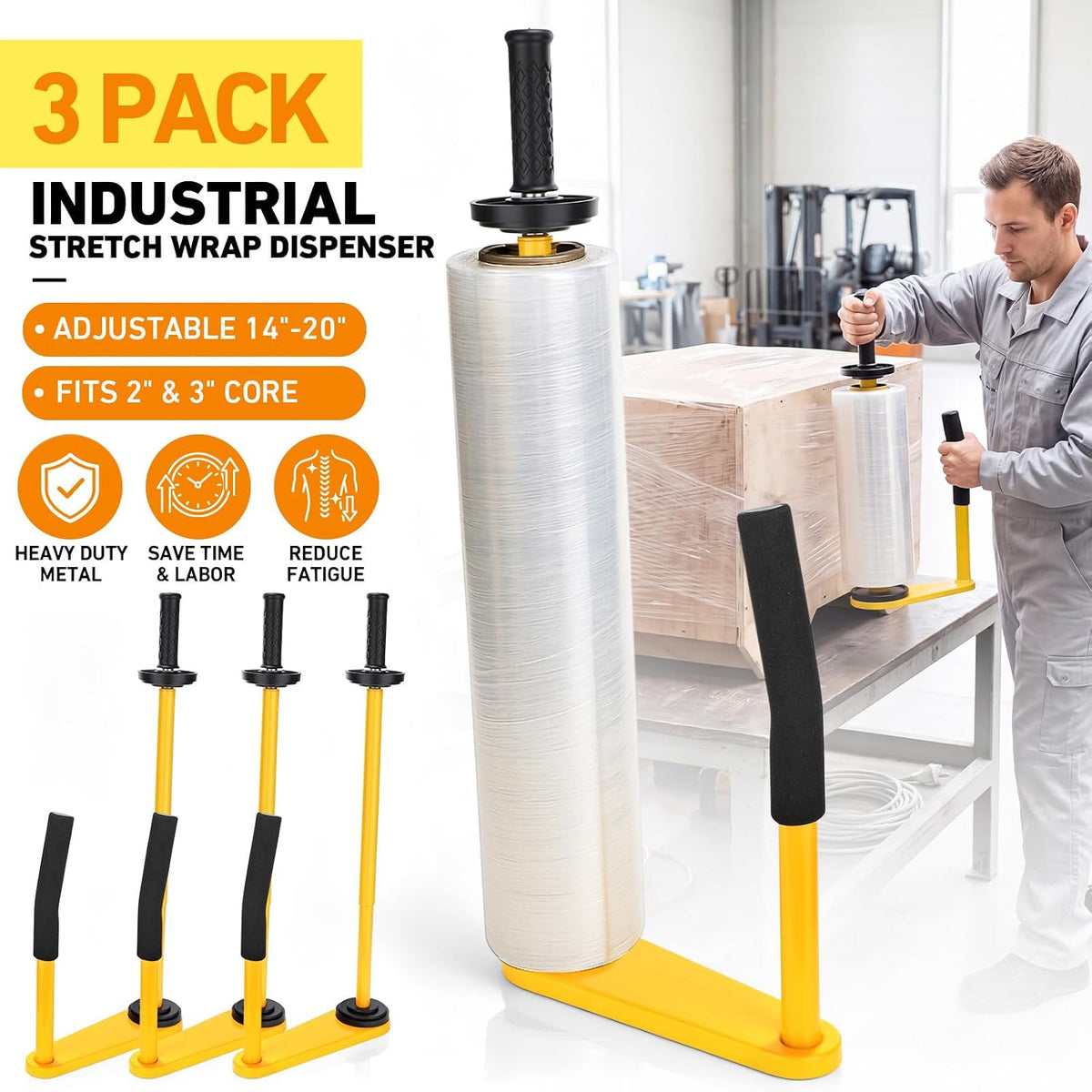Stretch Film Dispenser Heavy Duty Industrial Stretch Wrap Handle Adjustable 14-20 Inch Pallet Wrap Dispenser