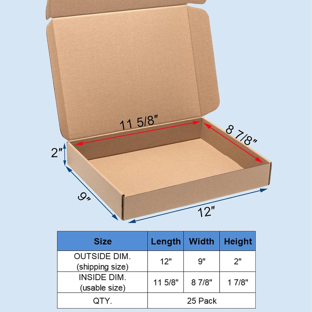 Shipping Boxes 12x9x2 Inches 25 Pack Corrugated Cardboard Brown Box