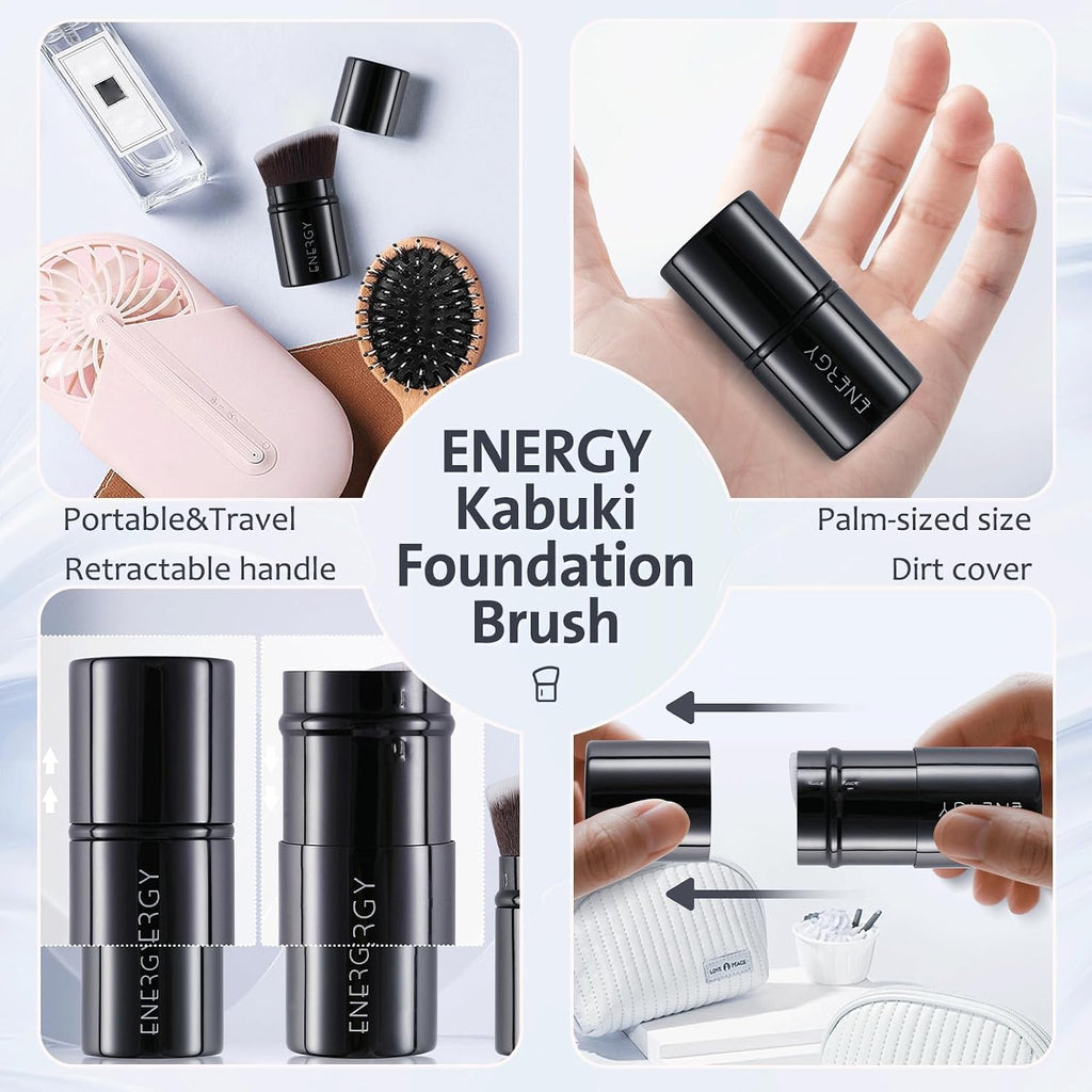 Kabuki Foundation Brush Mini - Makeup Brush Retractable Travel for Liquid Loose Powder & Blush Buffing, Bronzer &