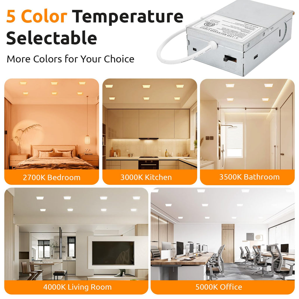 2 Pack 6 Inch Square LED Recessed Lighting, 5CCT, 13W, Dimmable