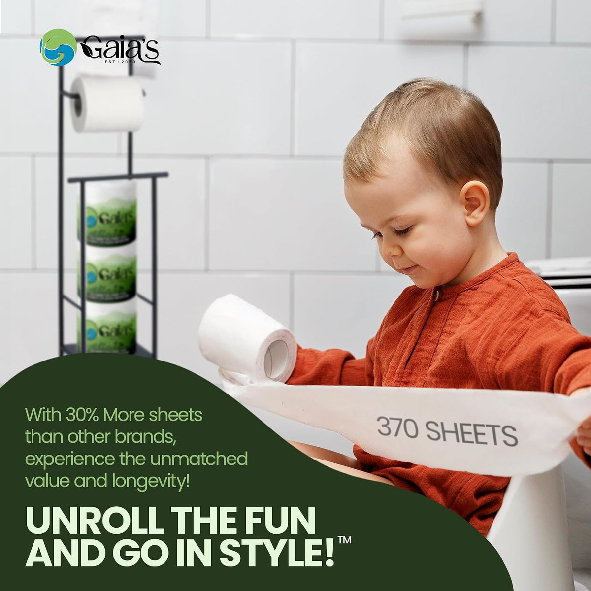 Gaias Premium and Soft Organic Bamboo Toilet Paper | 12 Mega Rolls, 3 Ply, 370 Sheets | FSC Certified, PFAS & BPA