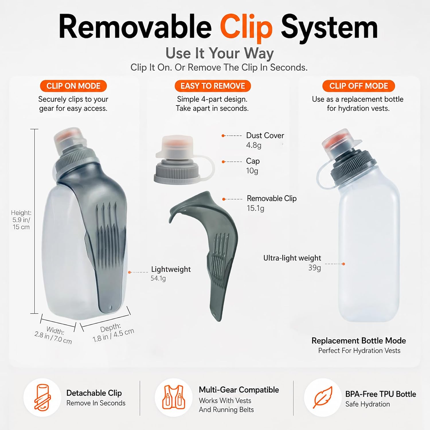2 Pack 8.8oz Running Water Bottles with Clips for Vests and Belts | Carry water and electrolytes in two compact