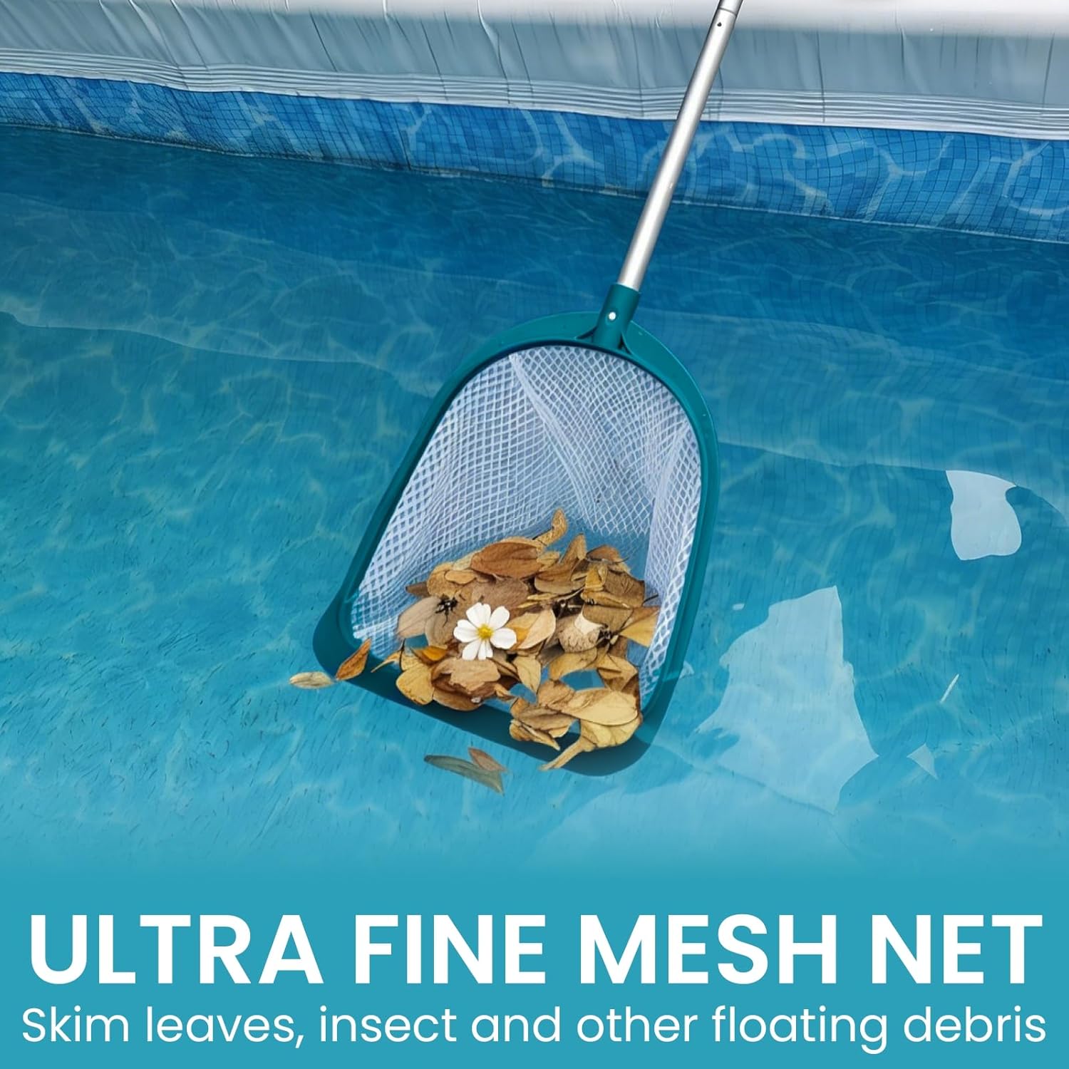 Pool Skimmer Net with Adjustable 48" Aluminum Pole, Fine Mesh Medium-Depth Net for Above Ground Pools, Ponds, Hot