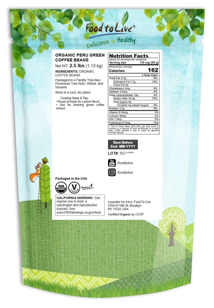 Organic Peru Green Coffee Beans, 2.5 Pounds – Whole, Unroasted, Washed Bean. Single Origin. Fresh Crop. No-GMO