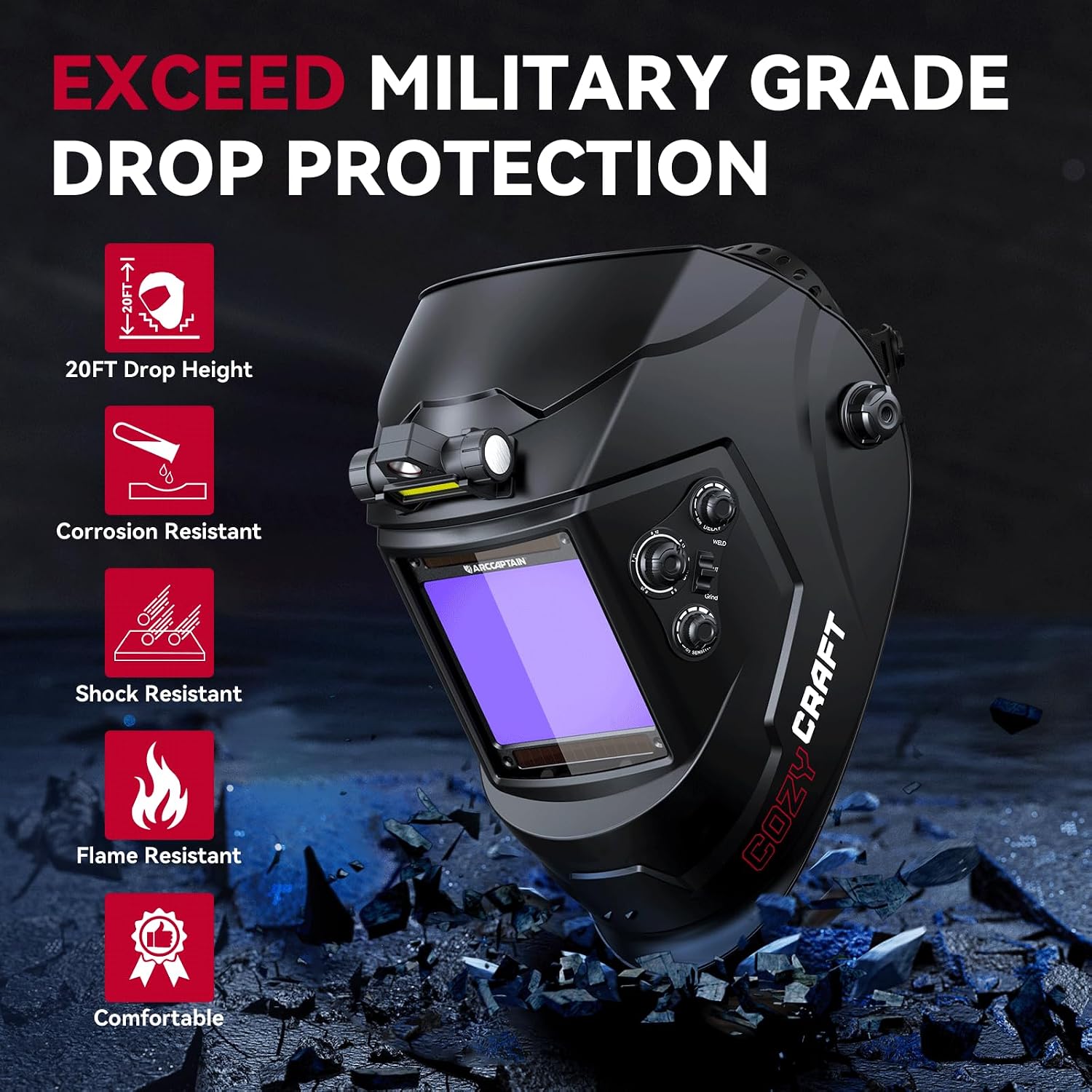 Auto Darkening Welding Helmet with Light, 3.94"X3.66" Large View | True Color 1/1/1/1 Welding Hood, 1/25000s