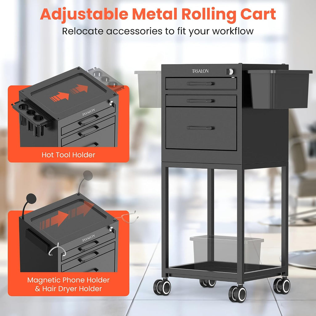 Salon Trolley Cart with Wheels, Lockable Metal Rolling Cart with Drawers, Magnetic Bowls & Phone Holder, Mobile