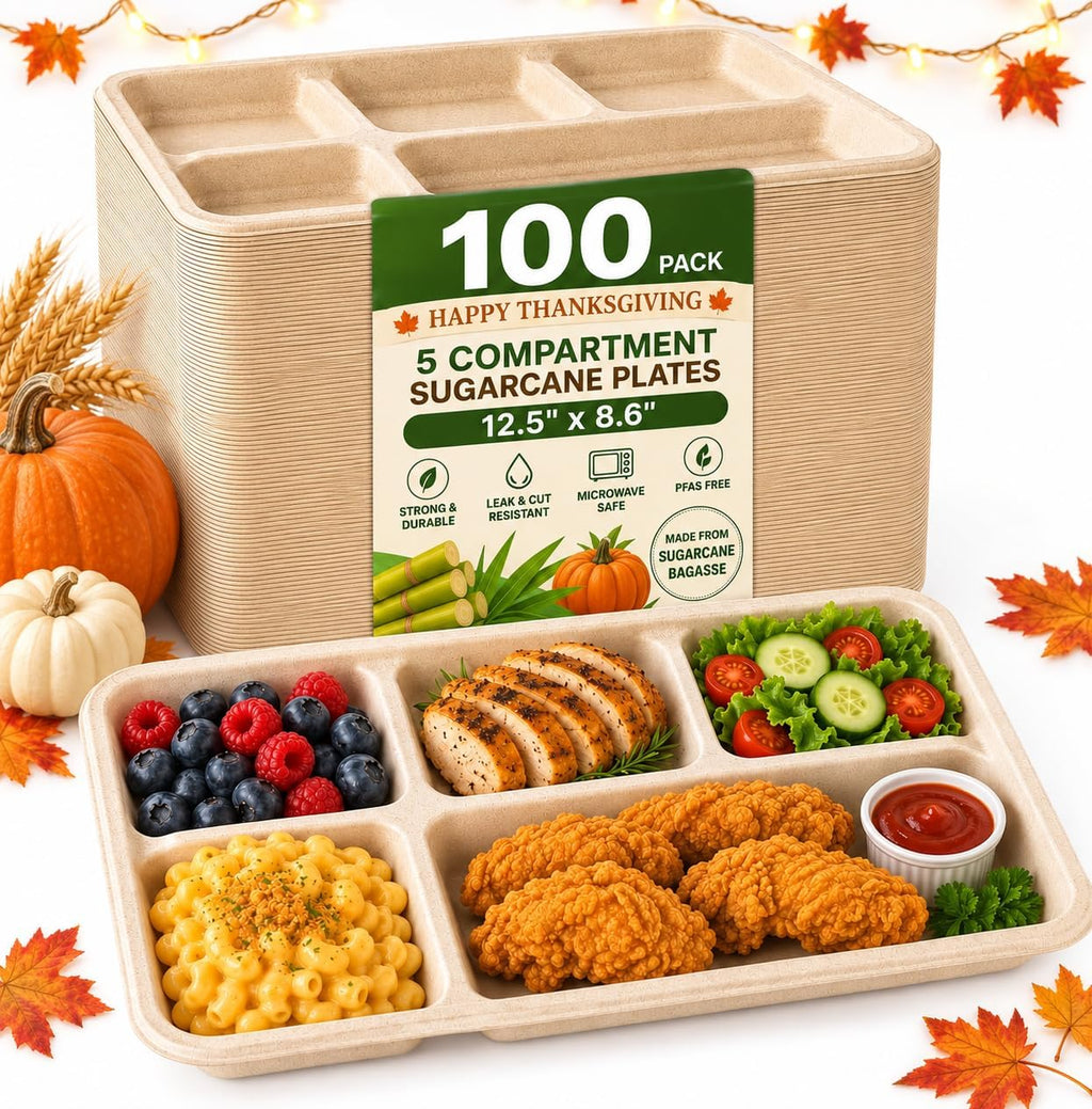 5 Compartment Compostable Plates, 12.5 x 8.6, 100 Pack, Natural