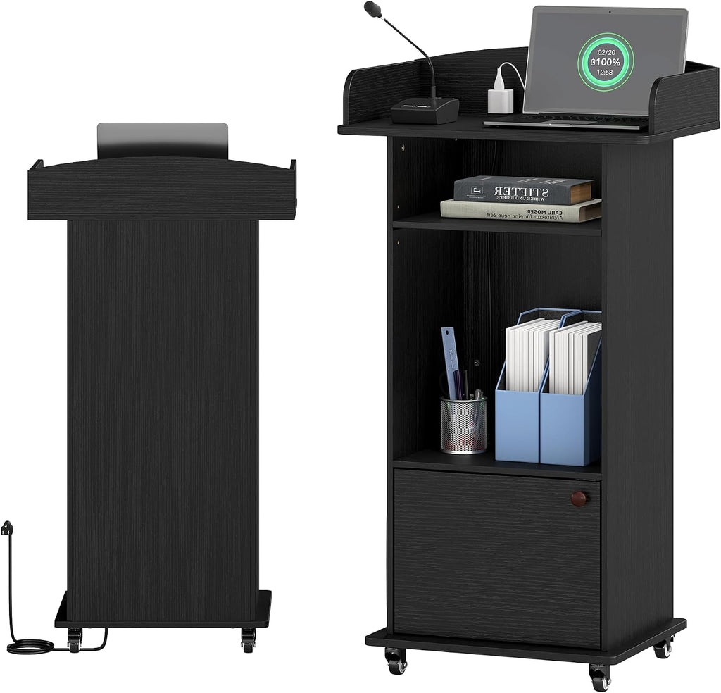 Portable Podium Stand with Charging Station & Lockable Wheels (Black)