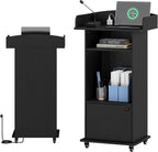 Portable Podium Stand with Charging Station & Lockable Wheels (Black)