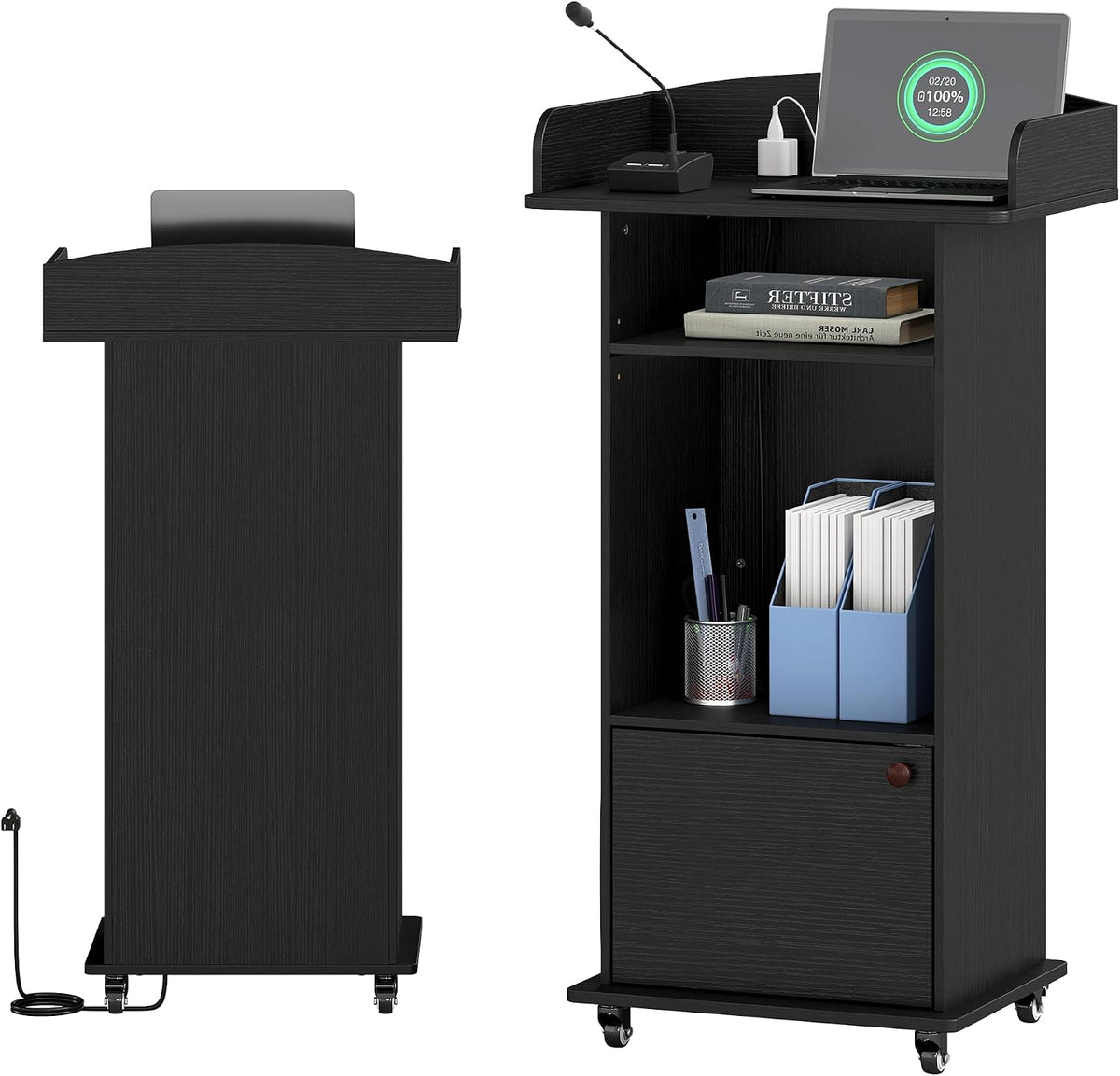 Portable Podium Stand with Charging Station & Lockable Wheels (Black)