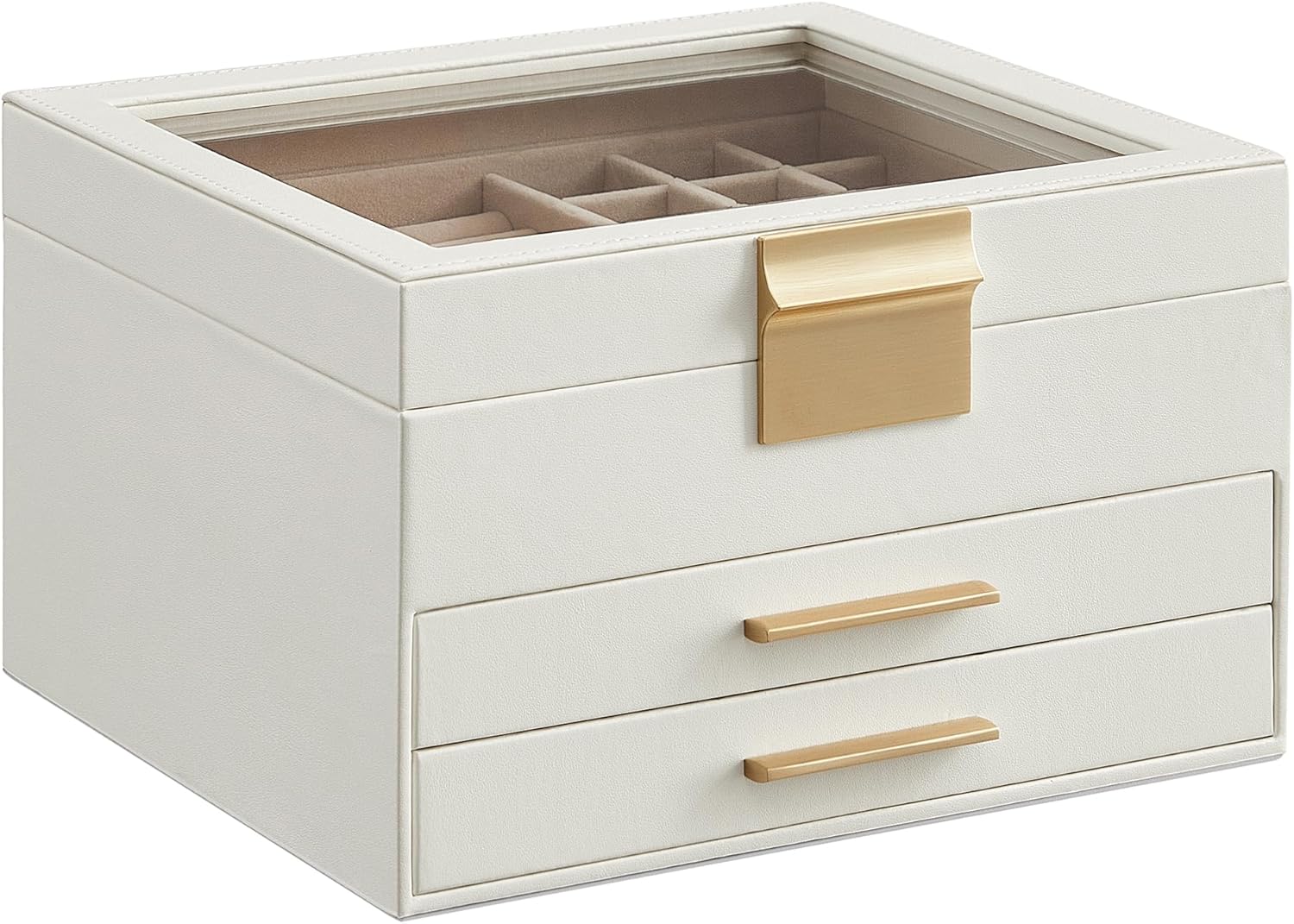 GISELLA Collection - Jewelry Box Organizer with Glass Lid, 3-Layer Jewelry Storage, with 2 Drawers, Modern Style, 8 x