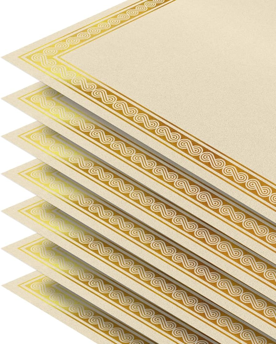 50 Sheet Award Certificate Paper, Gold Foil Metallic Border, Ivory Letter Size Blank Paper, Diploma Certificates