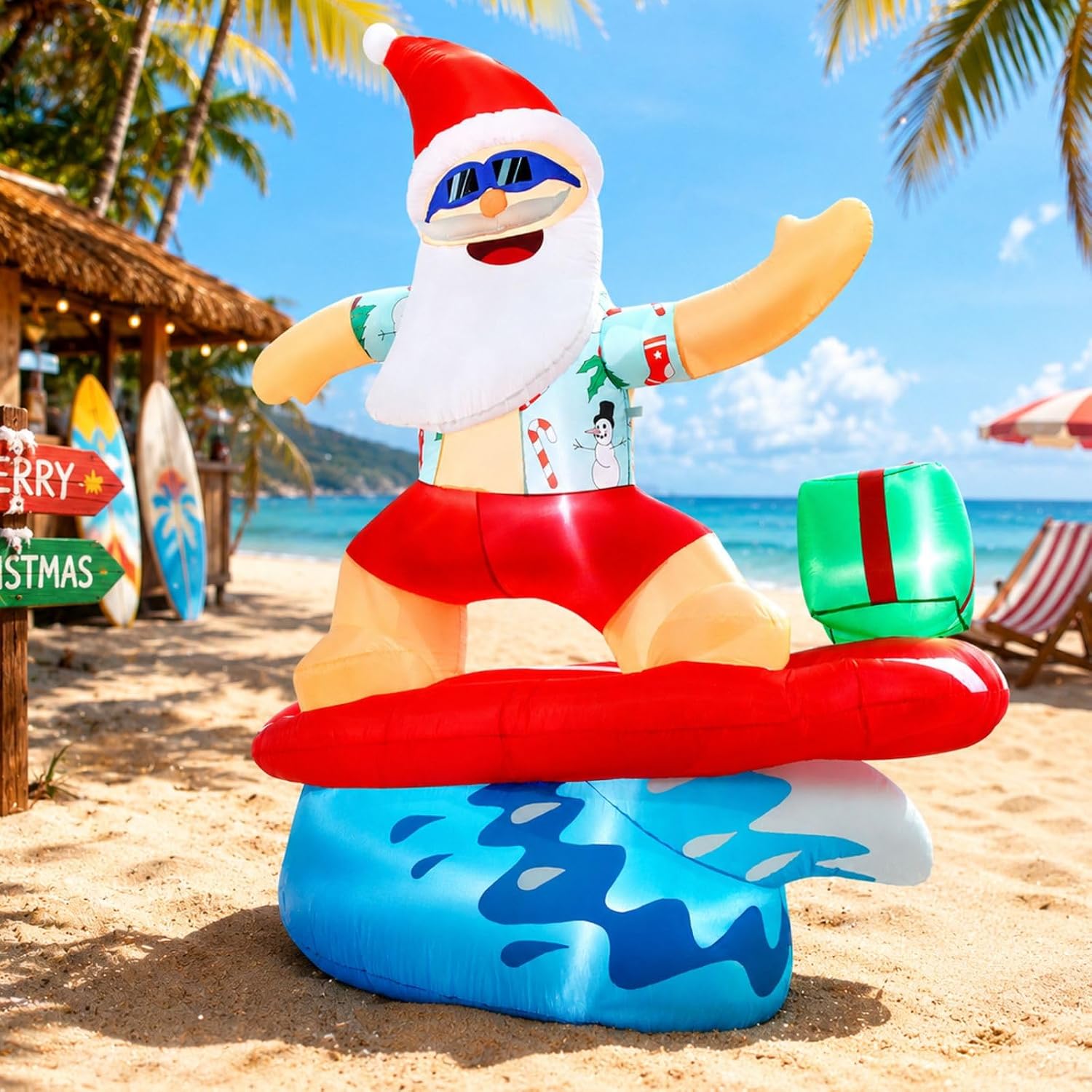 Christmas Inflatable Santa Claus Decorations Outdoor 6.5FT Hawaiian Surfing Giant Large Tall Funny Blow up Xmas Yard