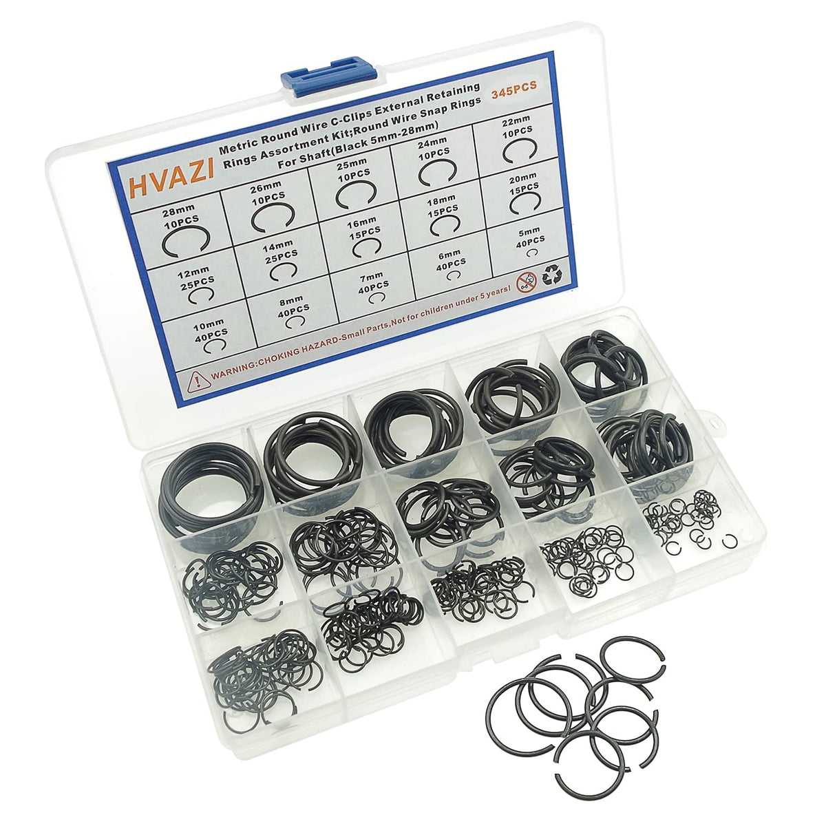 Metric 15-Sizes Round Wire C-Clips External Retaining Rings Kit