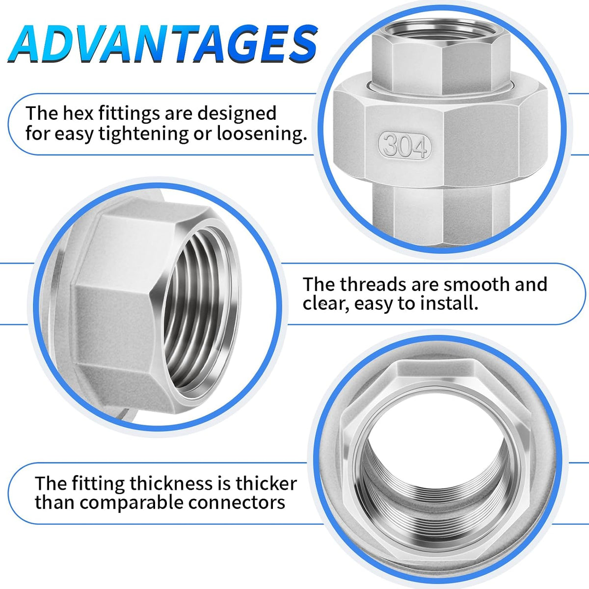 ChillWaves 304 Stainless Steel Cast Pipe Fitting, Union，3/4" NPT Female Thread Adapter(1-PACK)