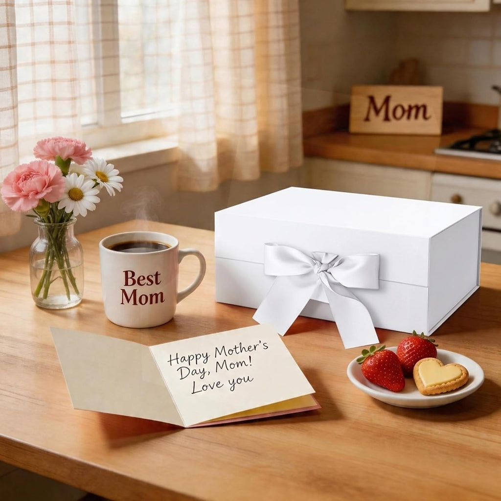 White Magnetic Gift Box with Lid and Ribbon 9x6.5x3.8 Inch