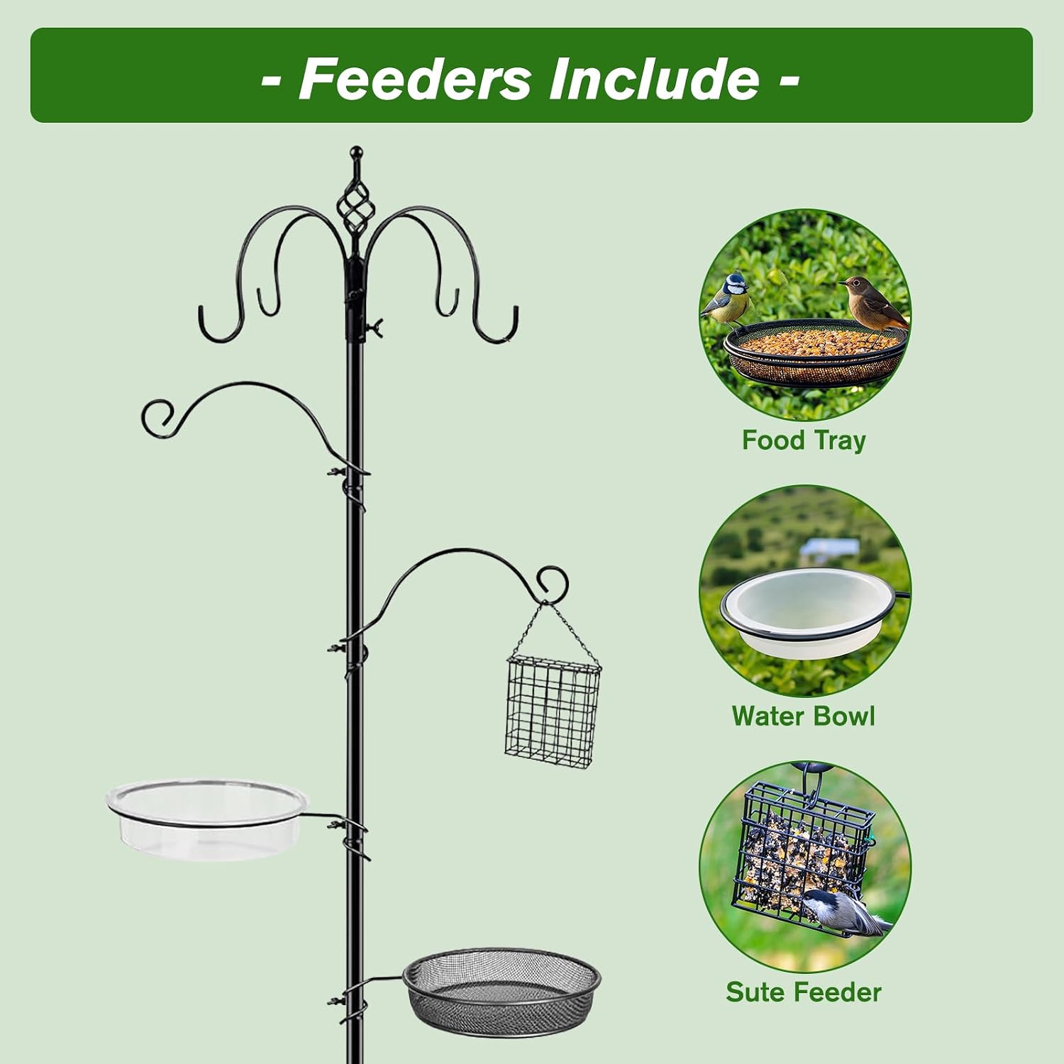 Bird Feeding Station, 90.55in 6-Hook Wild Bird Feeder Stand Pole with Water & Mesh Tray Humming Bird Feeders for