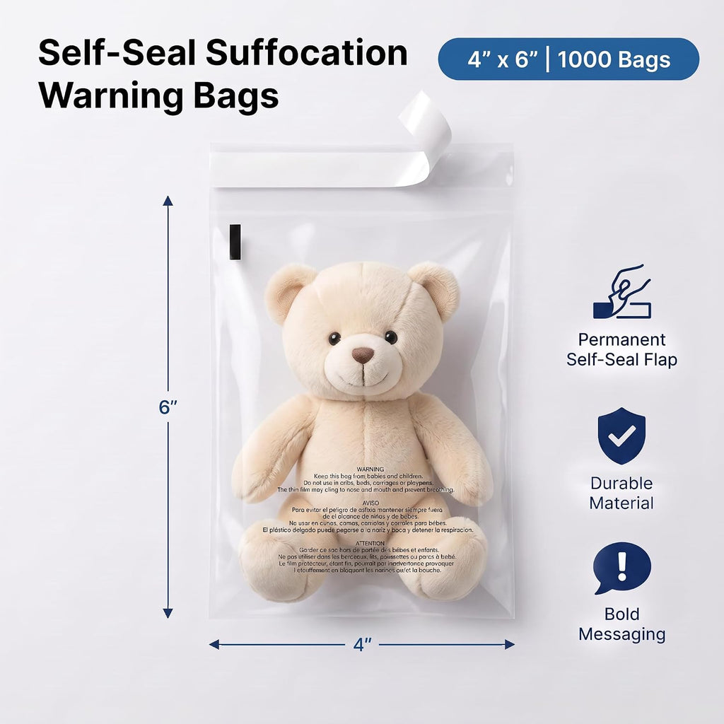 4” X 6” (1000 Count) Self Seal Clear Poly Bags with Suffocation Warning