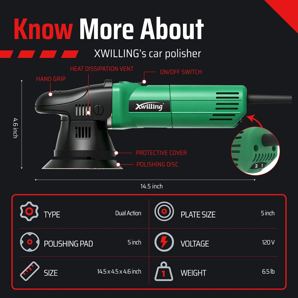Car Polisher Buffer, 5-Inch 8MM Dual Action Random Orbital | 6-Speed MAX4500 RPM, Runs Cool Under Load, Pure Copper