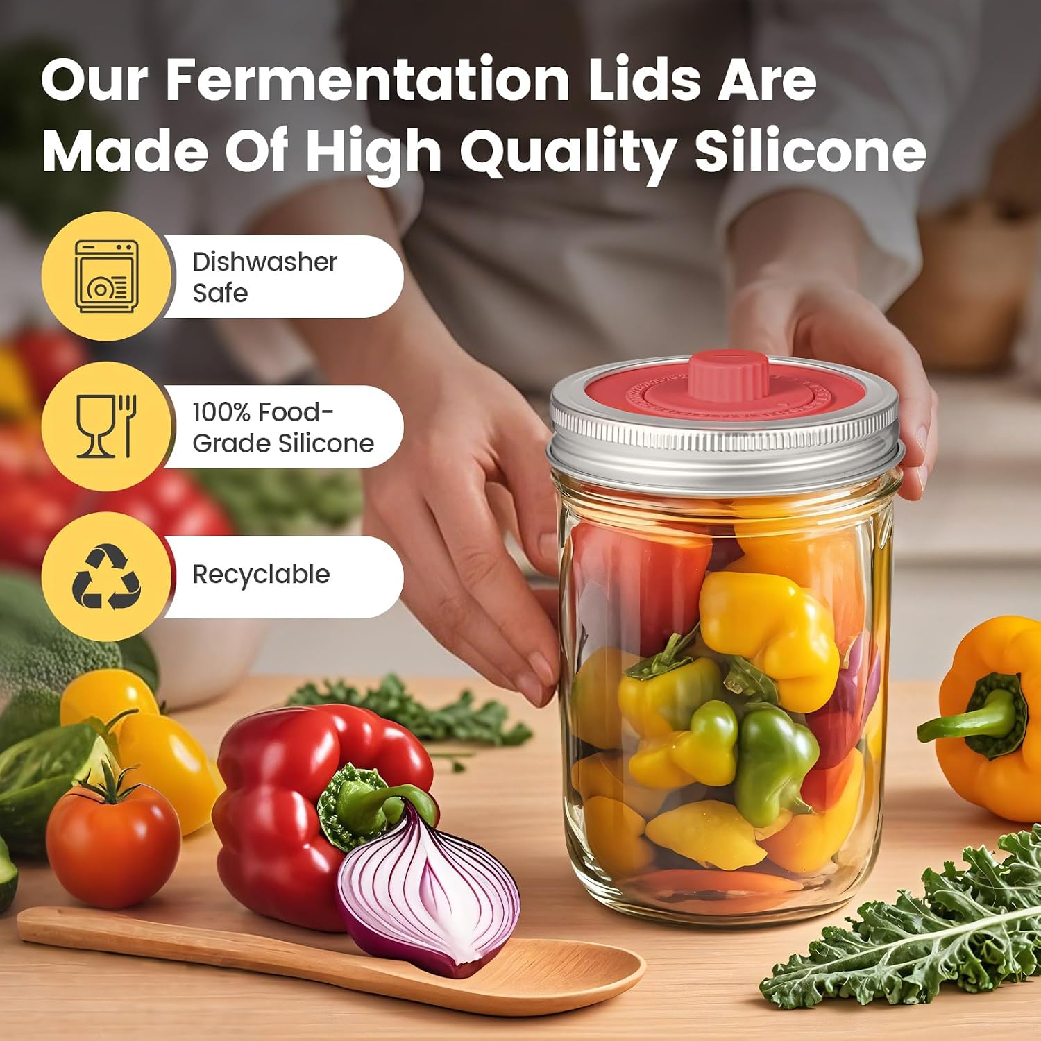 Original Patented Airlock Fermentation Lids for Wide Mouth Mason Jars, Fermenter Caps, Fermentation Kit for