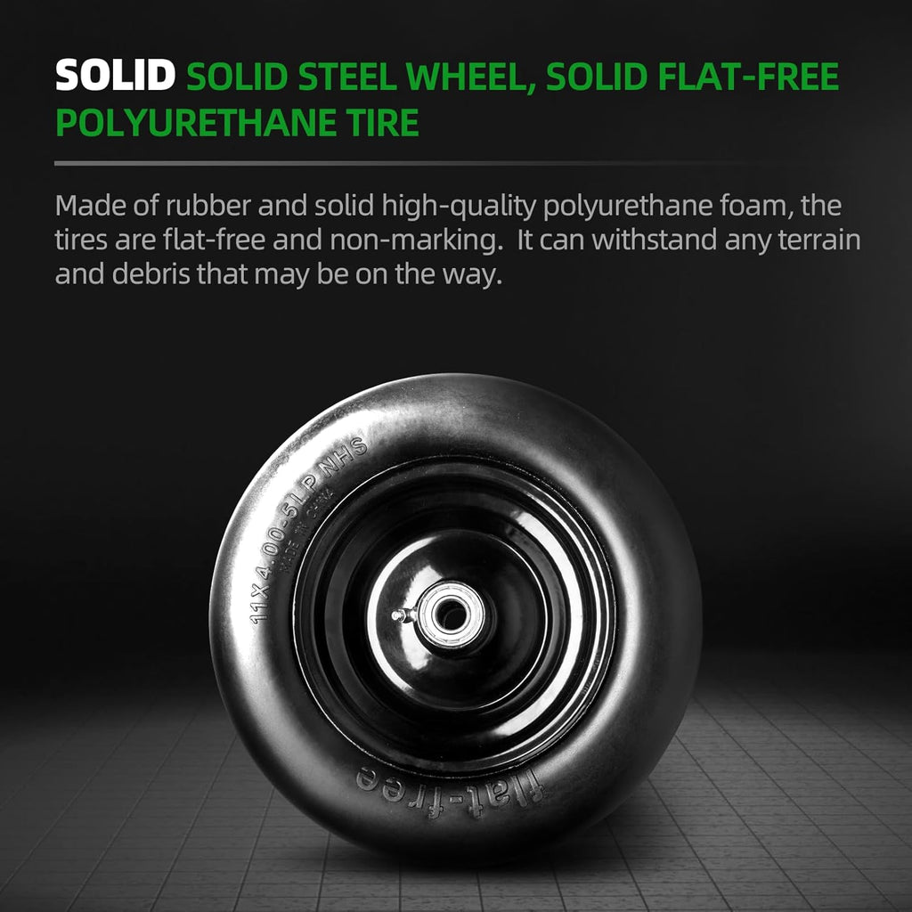 (2-Pack) 11x4.00-5 Flat Free Tire and Wheel, Universal 11x4-5 Solid Smooth Tractor Turf Tire with Rim, 3.4" Centered