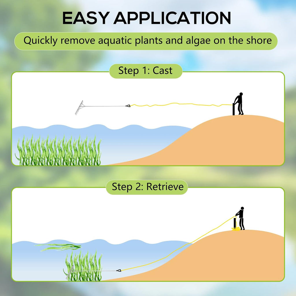 Floating Lake Rake, 36" Aluminum All Purpose Lake and Landscape Rake with 102'' Extension Handle and 52Ft Rope, Weed
