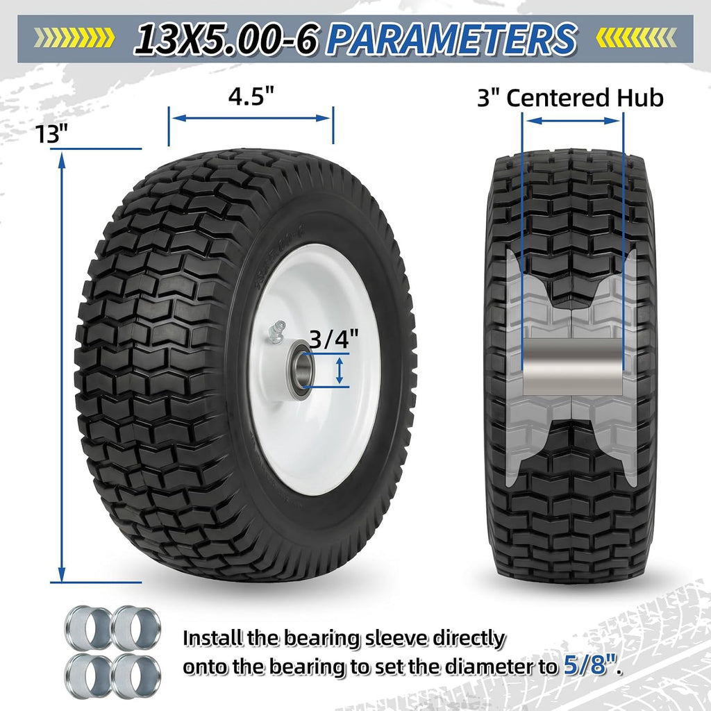 13x5.00-6 Flat Free Lawn Mower Tire and Wheel, 13x5-6 Riding Lawnmower Tire with 3" Centered Hub and 3/4" & 5/8"