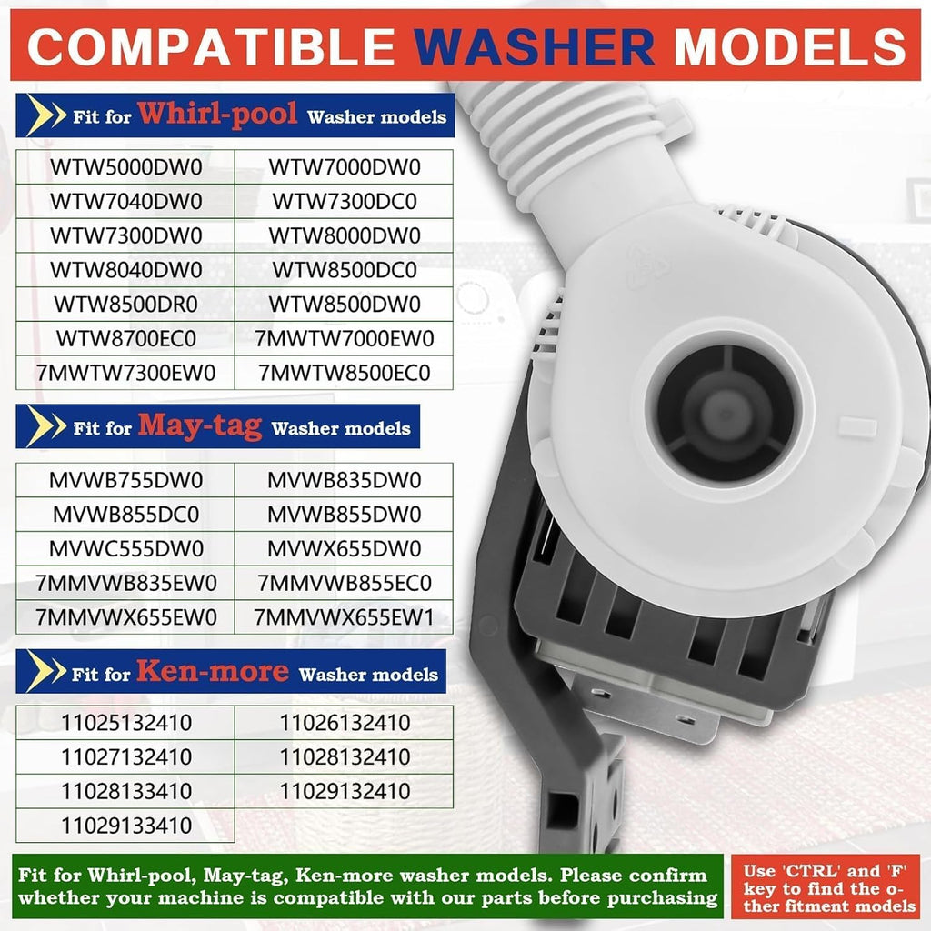 W10581874 WPW10581874 EAP10056668 Washer Drain Pump Replaces AP5949627 3449735 PD00028019 Fit for Whirl-pool May-tag Ken-more Washing Machine MVWB835DW0 MVWB855DC0 MVWC555DW0 WTW8500DR0 11025132410