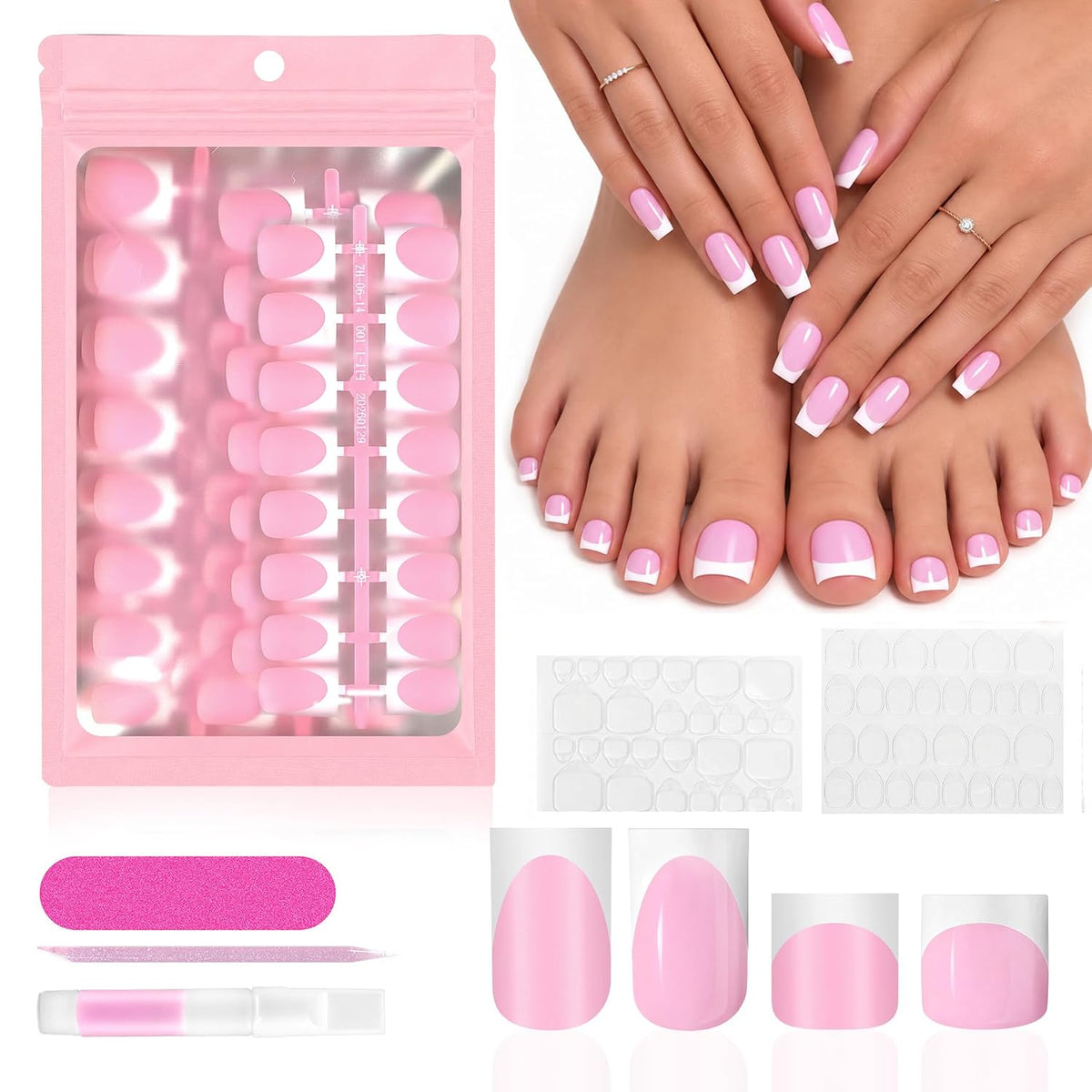 Press on Nails & Toenails, 60Pcs 2-in-1, Light Pink French Tip