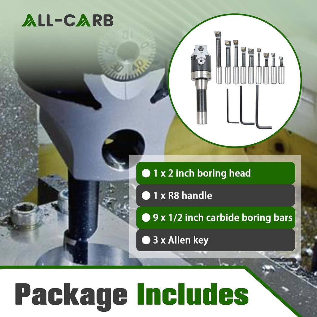 ALL-CARB 2" Boring Head R8 Shank 9 Pcs Boring Bars, 1/2" Carbide Boring Bar