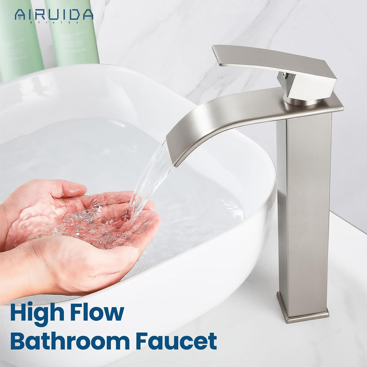 Vessel Sink Faucet,Nickel Tall Waterfall Faucet No Drain