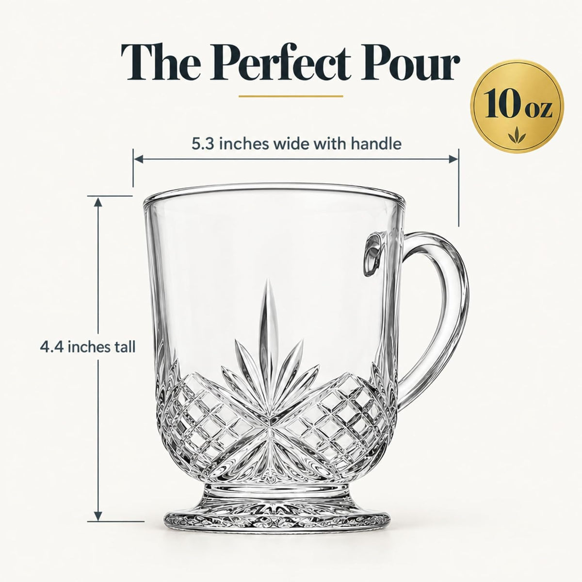 Crystal Coffee Mugs, Clear Glass Tea Cups, 10oz Set of 4 Dublin