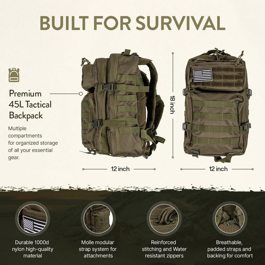 Bug Out Bag Backpack Survival Kit, Prepper Emergency Survival Gear | 45L Army Backpack, 72 Hour Survival Kits