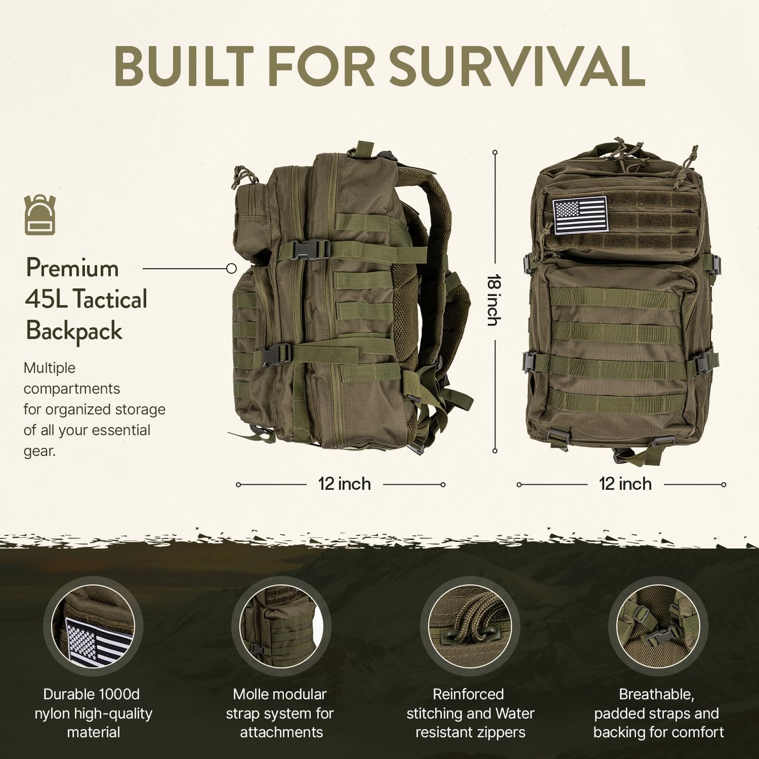 Bug Out Bag Backpack Survival Kit, Prepper Emergency Survival Gear | 45L Army Backpack, 72 Hour Survival Kits