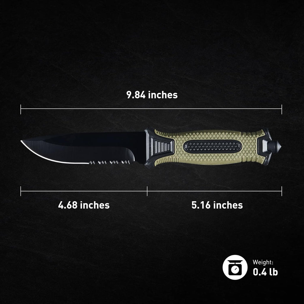 10" Fixed Blade Knife w/Sheath&Clip, Green Handle, for Camping | Full Tang Stainless Steel Blade, Non-Slip Grip