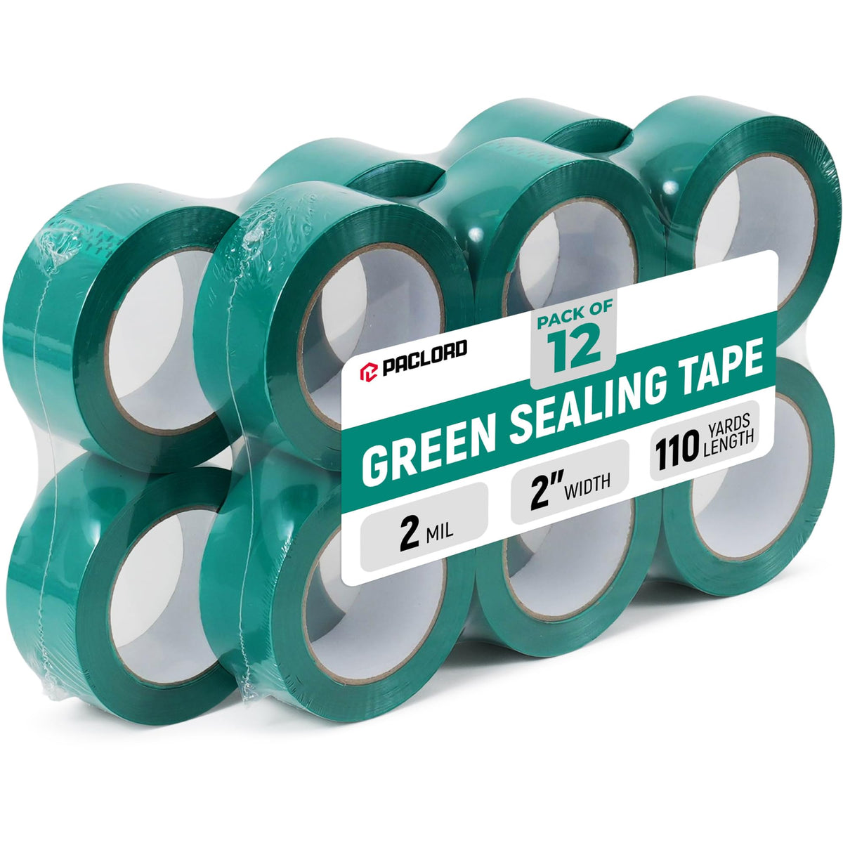 2" x 110 Yards Green Packing Tape, 12 Rolls