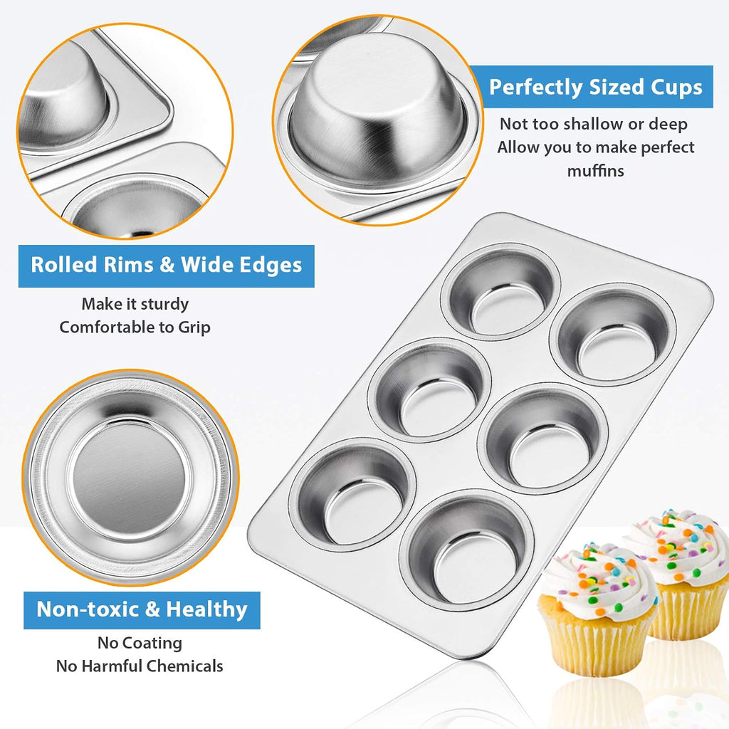 Stainless Steel Muffin Pan Set of 2, 6-Cup Cupcake Tin for Baking