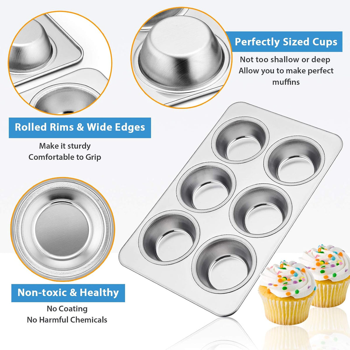 Stainless Steel Muffin Pan Set of 2, 6-Cup Cupcake Tin for Baking