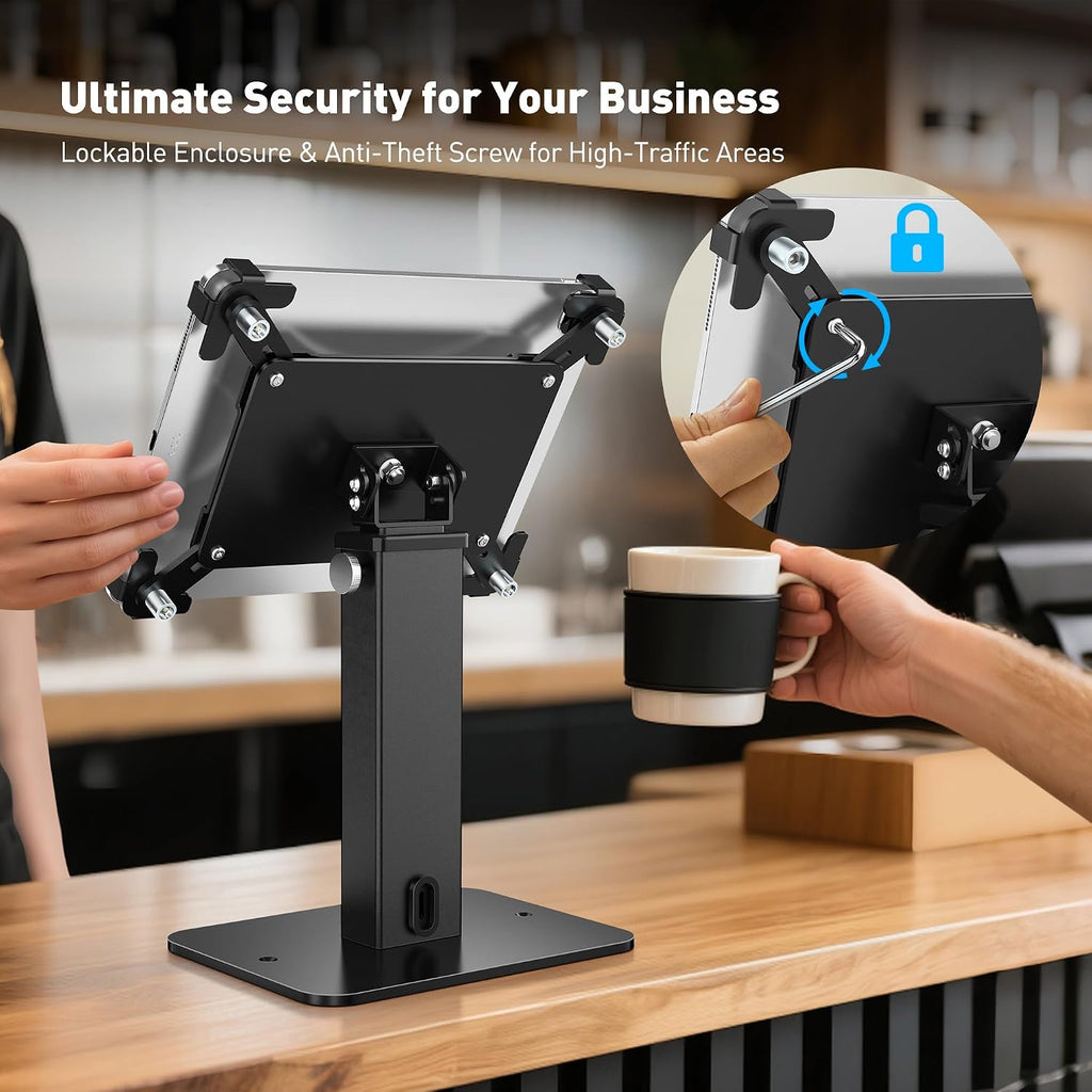 Anti-Theft iPad Kiosk Stand, 360 Rotation & Adj. Height 8.3"–13.4", Heavy-Duty Steel & Aluminum, Fits 9.7"-13"