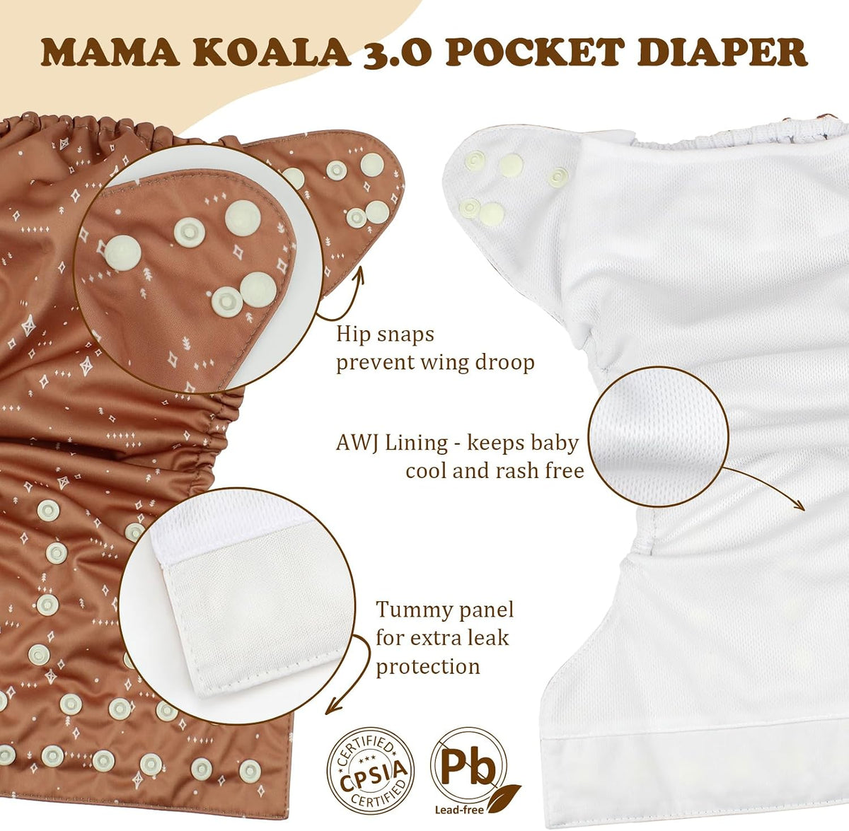 6 Pack Reusable Cloth Diapers 3.0 for Babies Girls Newborn, One-Size Adjustable Baby Diaper, Durable Stitching, Back