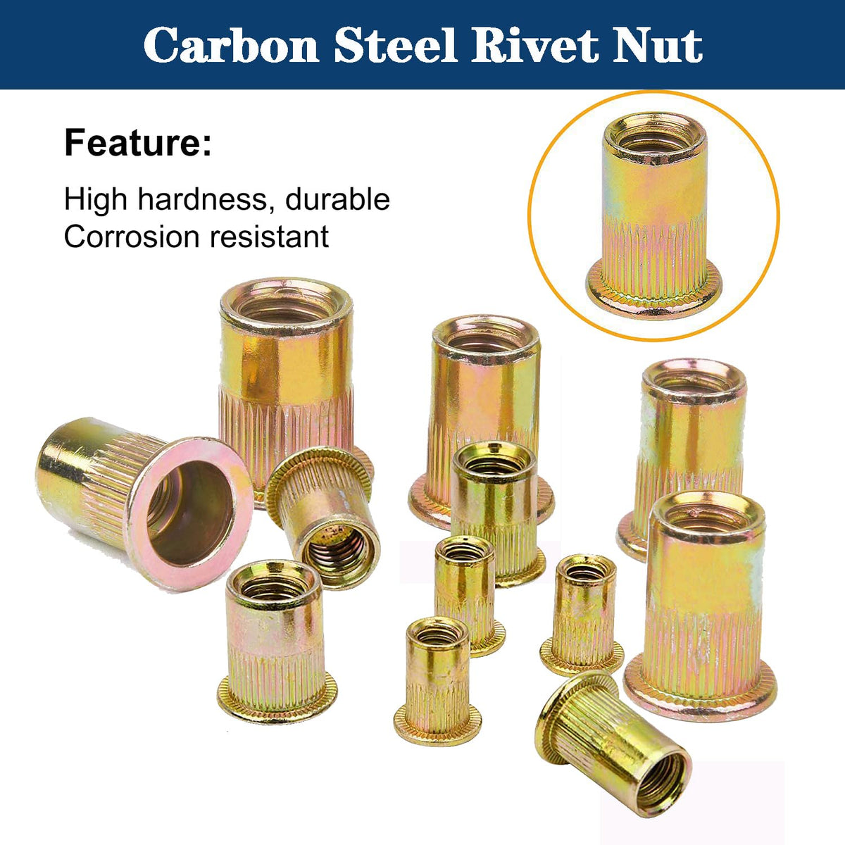 Rivet Nut 1/2"-13UNC 20Pcs Yellow Zinc Plated Finish Flat Head Knurled Body