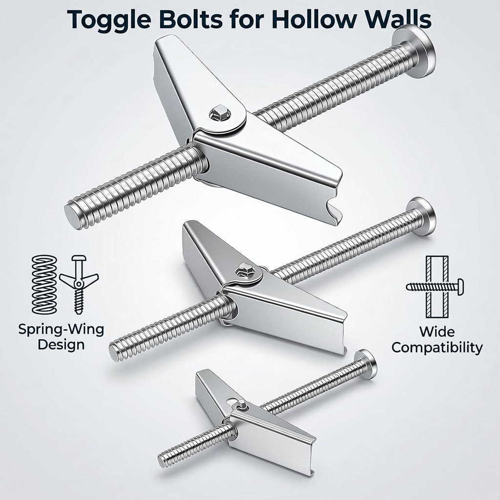 100Pcs Toggle Bolts 1/8" 3/16" 1/4" Heavy Duty Drywall Anchors and Screws Assortment Set Toggle Bolts and Wing Nut